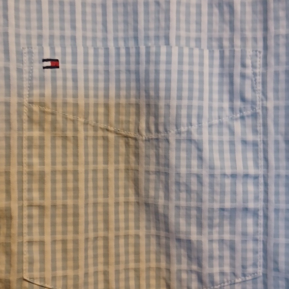 TOMMY HILFIGER, MENS, BLUE ,AND WHITE CHECKERED, BUTTON UP SHORT SLEEVE … - Picture 2 of 7